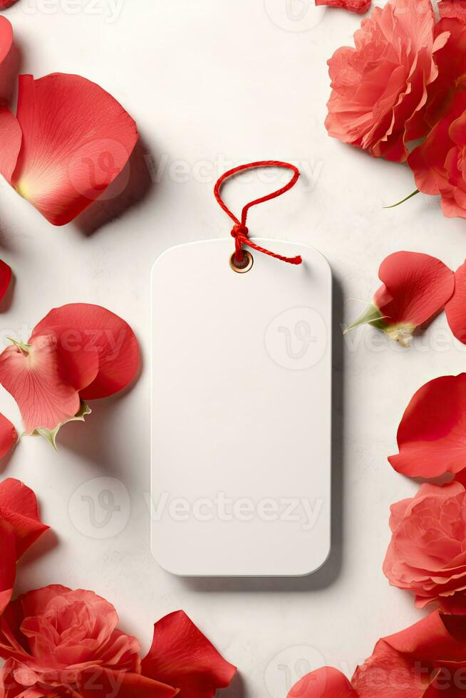 Modern blank valentine gift tag mockup with red rose leaves petals AI Generated photo