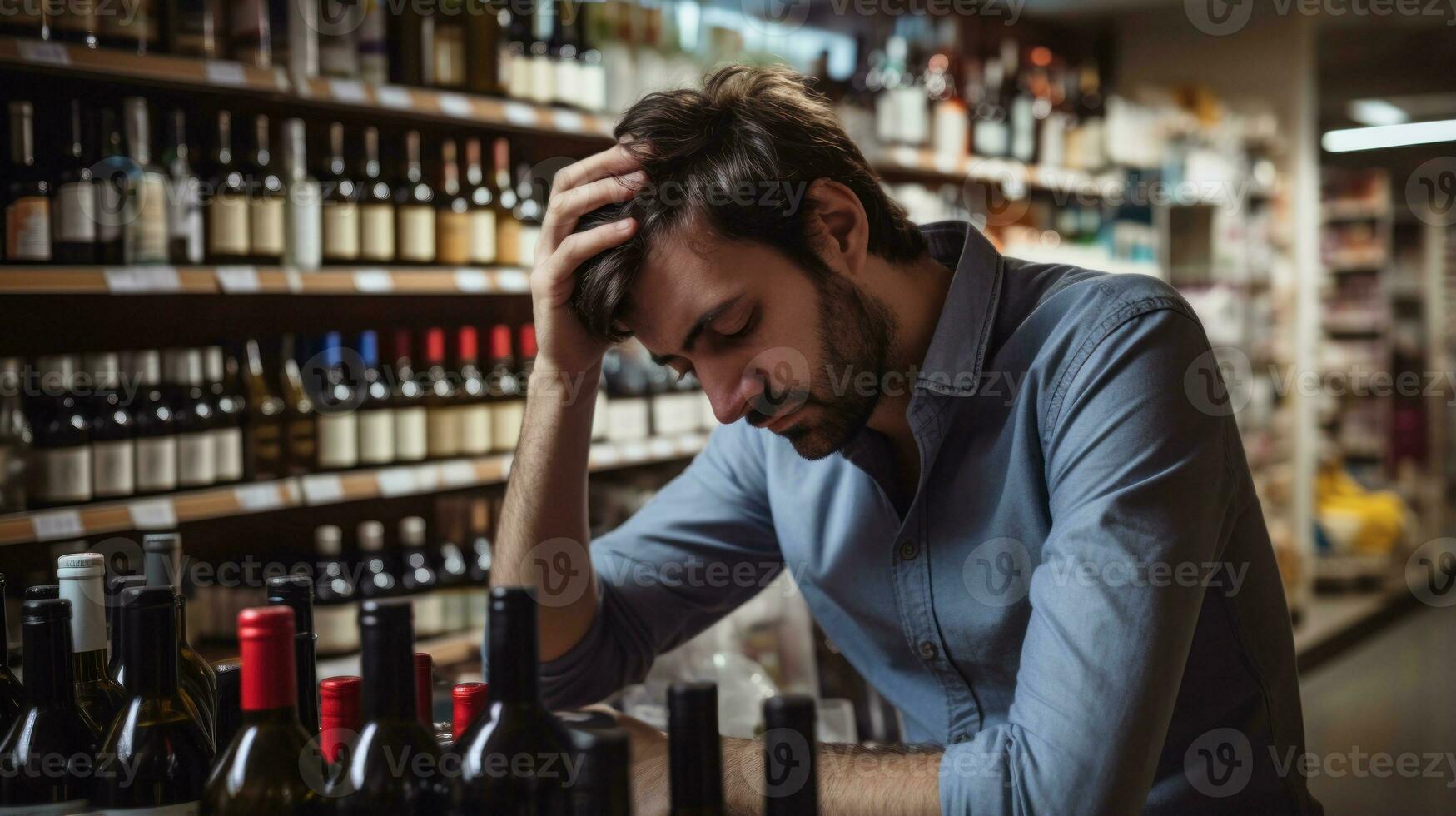 Drunk and depressed sad young man suffer from headache and alcohol withdrawal AI Generated photo