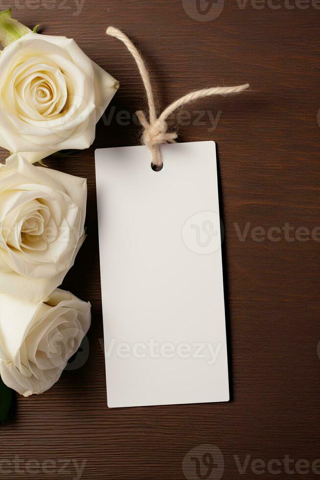 Wedding tag mockup with white flower on wooden background AI Generated photo
