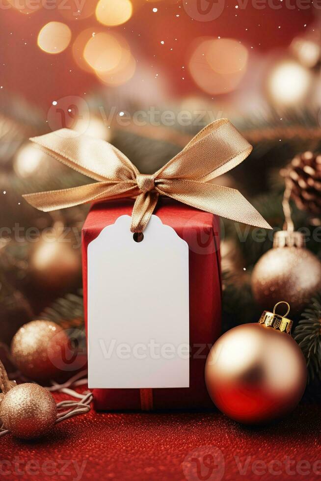 Christmas gift box  with blank tag mockup and blur bokeh light AI Generated photo