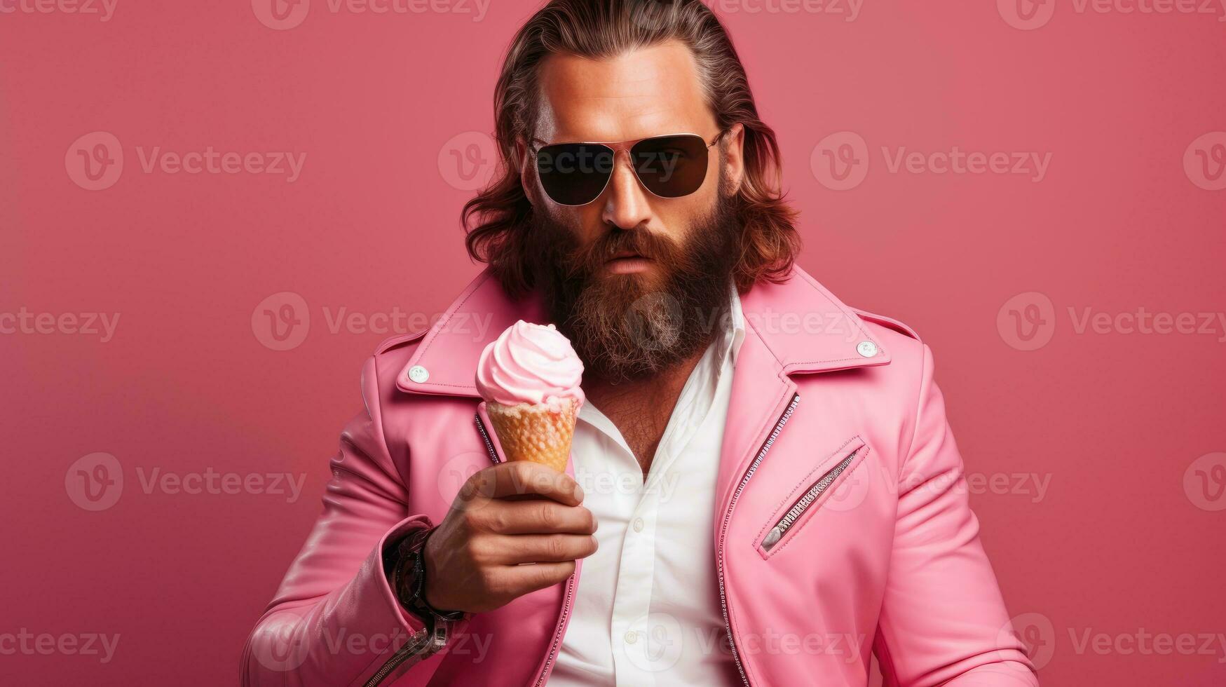 largo peludo hombre con un barba participación un hielo crema cono en un rosado antecedentes ai generado foto