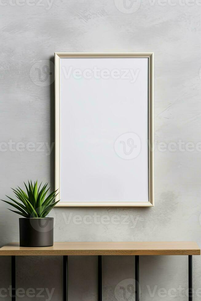 Blank vertical picture frame mockup hanging on a plain wall with wooden desk table and flower vase AI Generated photo