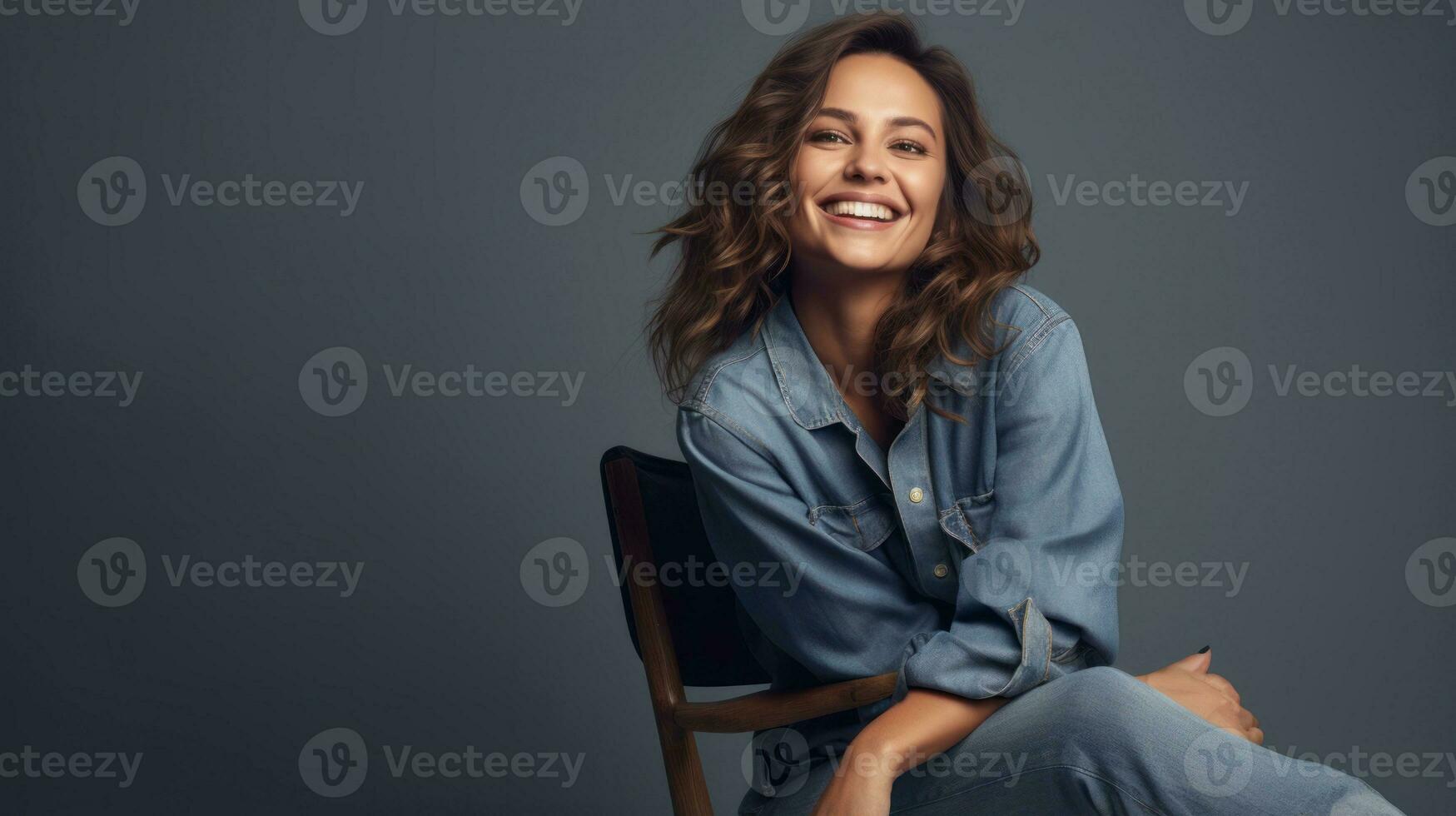 Attractive young fashionable woman sitting on a chair against grey background with rocking denim and copyspace AI Generated photo