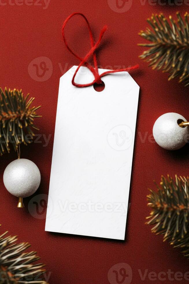 Modern Gift Tag for Christmas Holiday Mockup on red background AI Generated photo