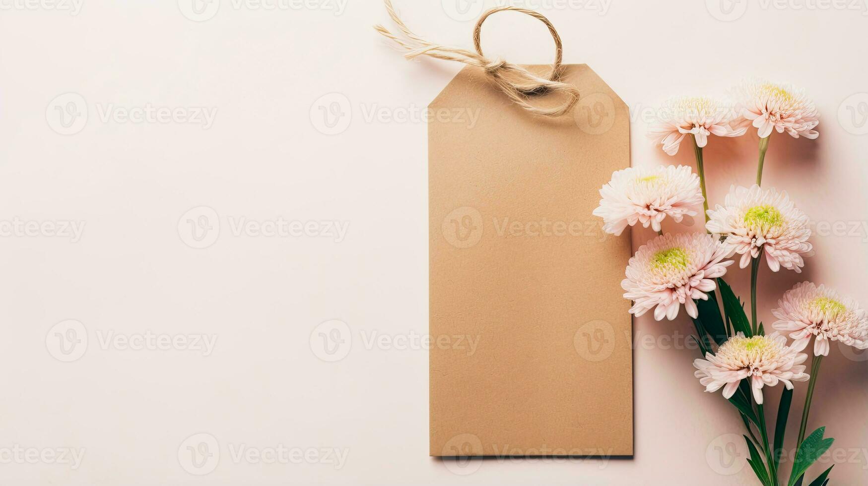 Rectangle blank brown paper card kraft label tag mockup with pink flower background AI Generated photo