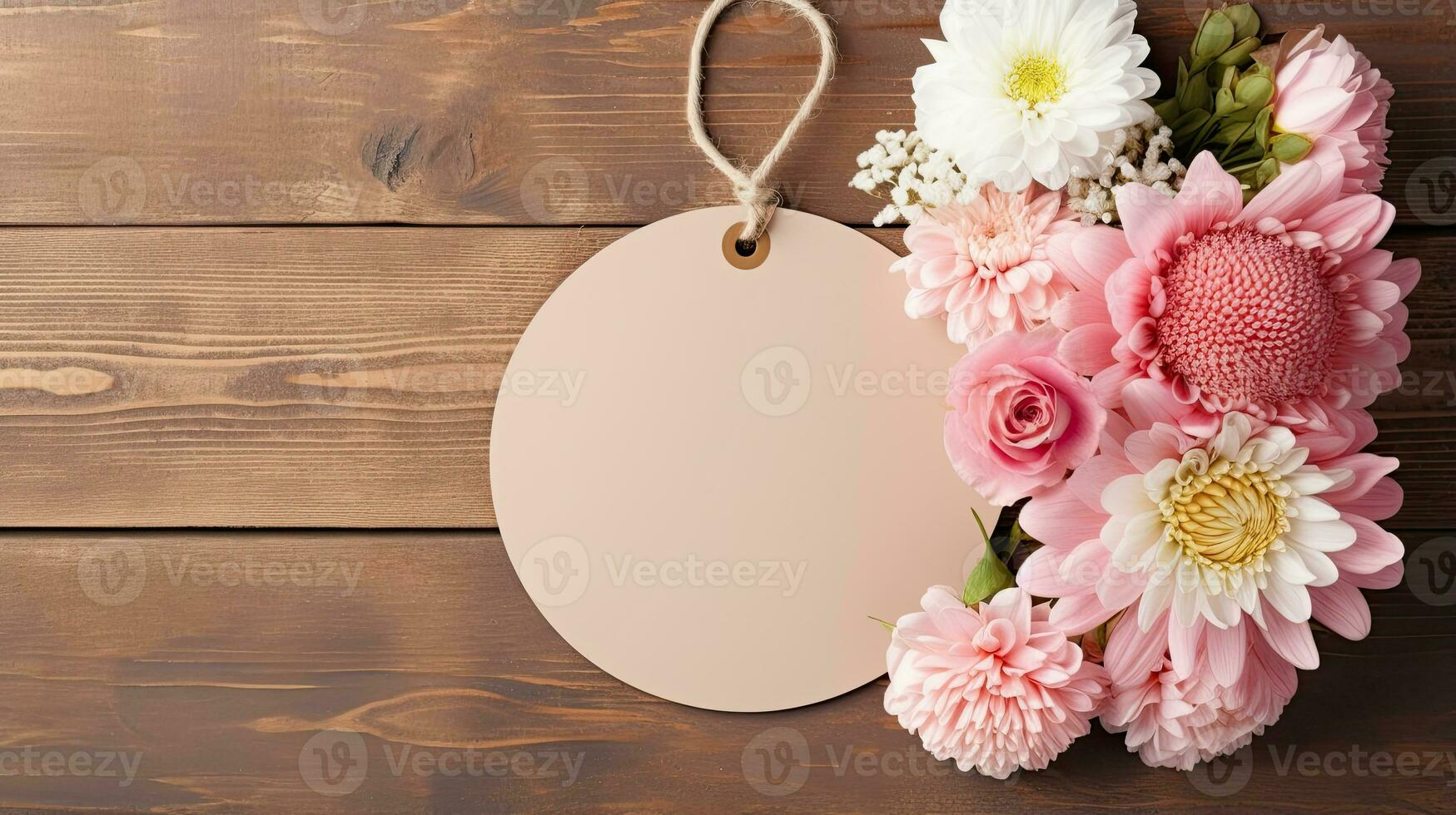 Round blank brown paper circle tag kraft mockup with pink flower background AI Generated photo