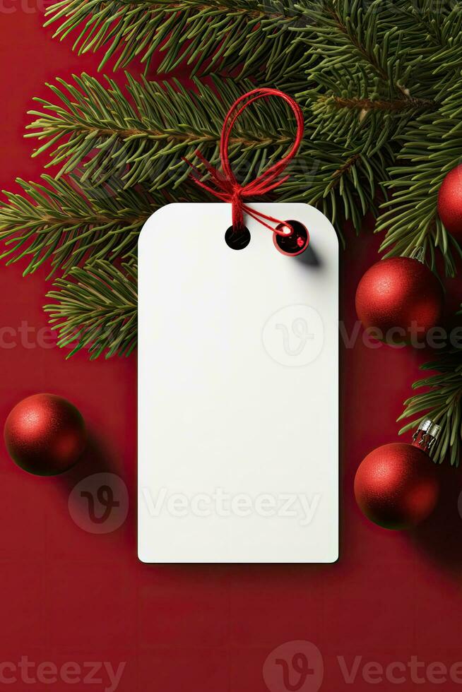 Modern Gift Tag for Christmas Holiday Mockup on red background AI Generated photo