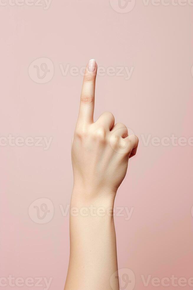 Woman index finger pointing up in back of the hand AI Generated photo