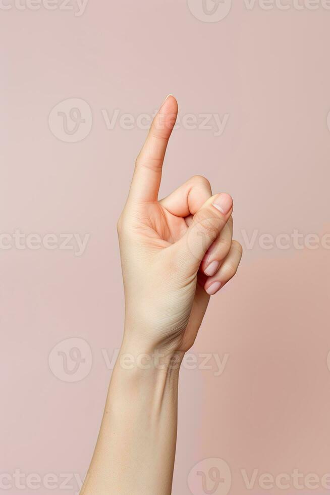 Woman index finger point something in forehand pose AI Generated photo