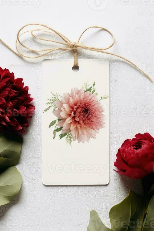 Modern gift tag mock up with red flower perfect for wedding AI Generated photo