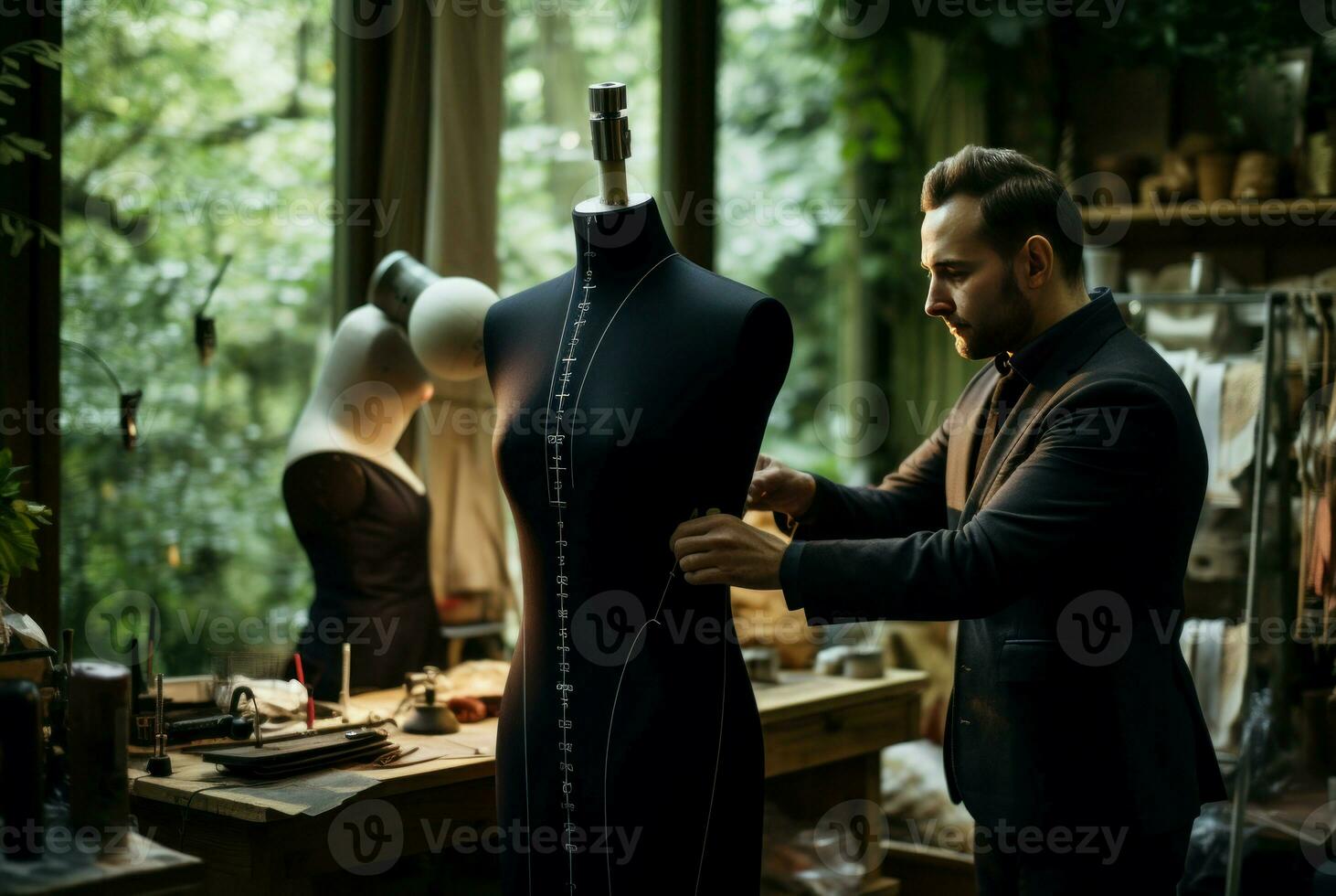 Tailor measuring mannequin for custom made suit in his workshop. Generate Ai photo