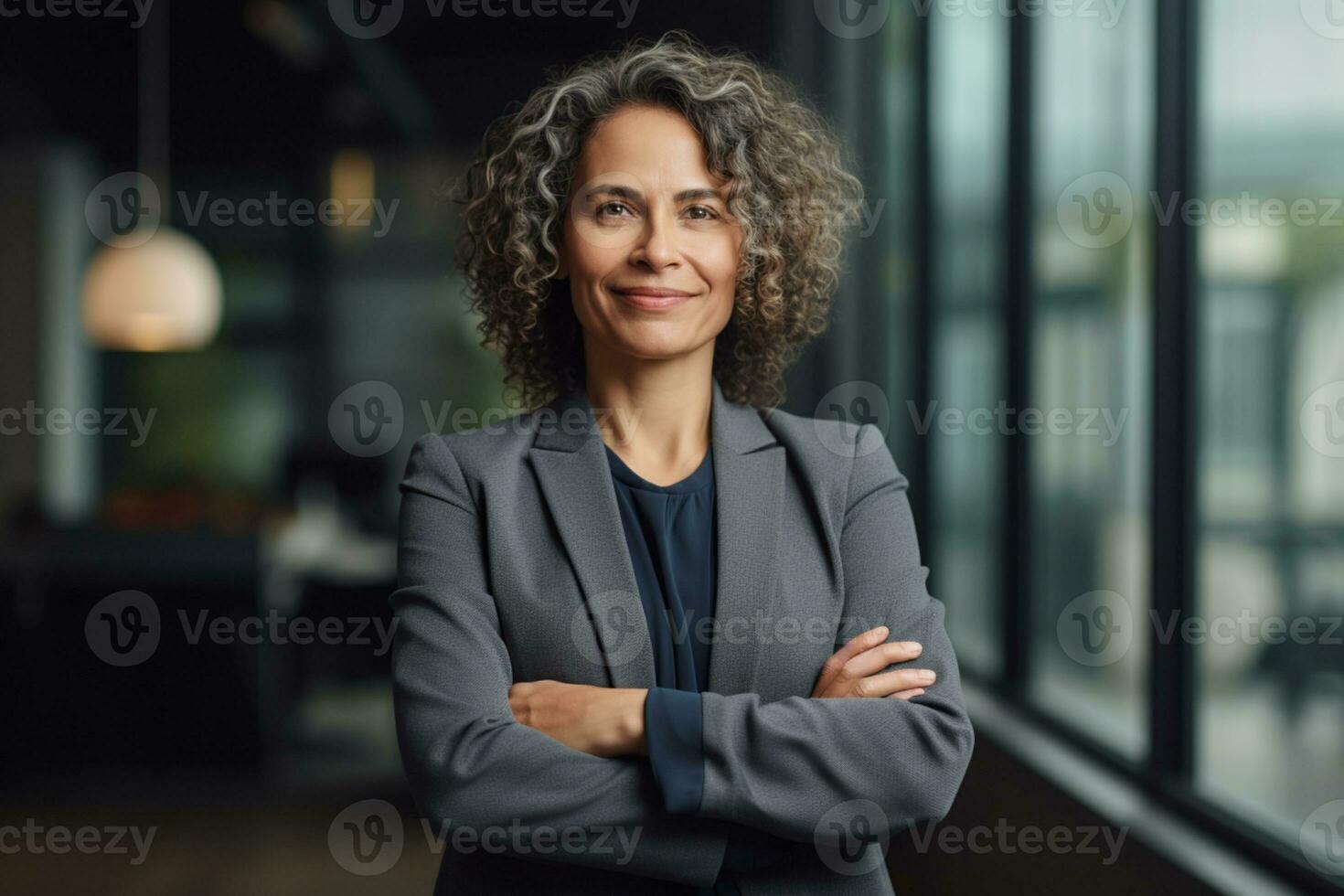 Professional mid age woman in her office smiling ai generative photo