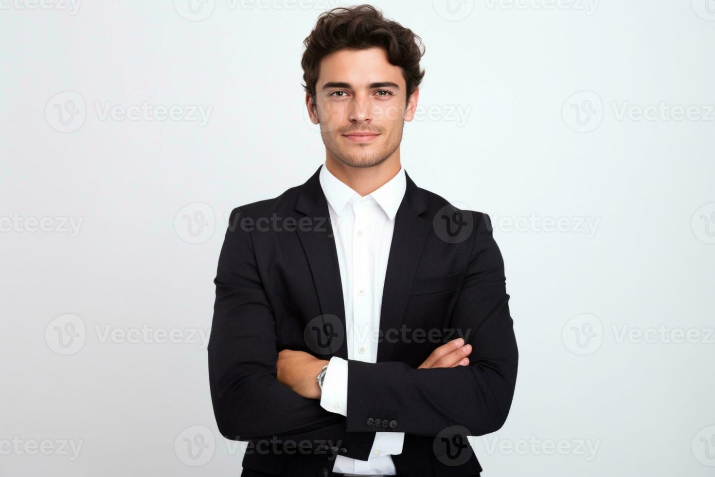 A business man stands against white background with his arms crossed ai generative photo
