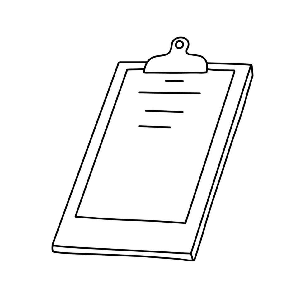 Tablet for writing on paper. Board with sheet of paper. Vector outline doodle sketch