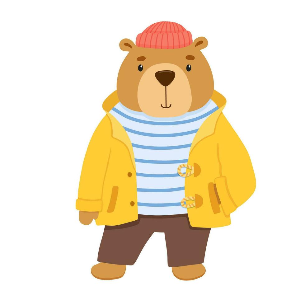 Cute sailor bear dressed in vest, hat and yellow fishing jacket. Funny vector illustration of child character isolated on white background