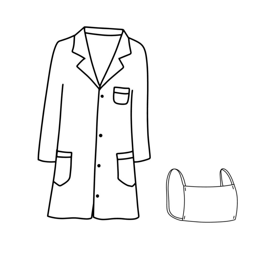 Lab coat with long sleeves and classic pockets. Outline doodle sketch. Protective mask of scientist or doctor. vector