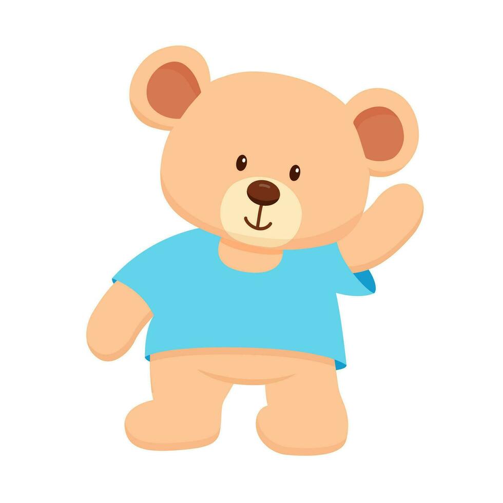 linda oso juguete en azul camiseta es ondulación. mano dibujado plano infantil ilustración aislado en blanco antecedentes vector