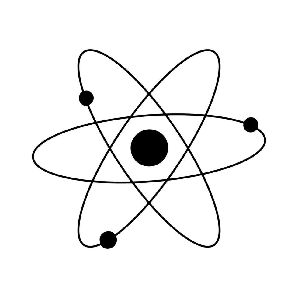 átomo negro icono. vector símbolo de ciencia, educación, nuclear física, científico investigación. Tres electrones girar en órbitas alrededor atómico núcleo.