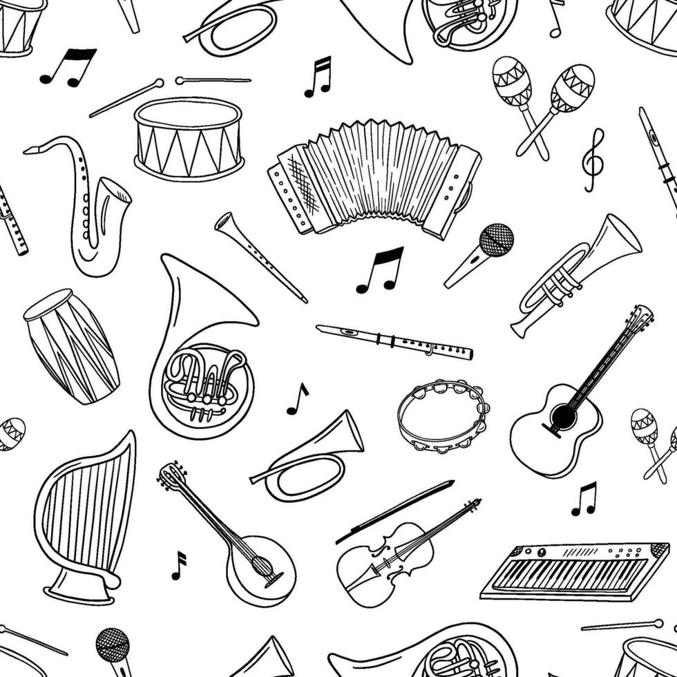 Seamless pattern with music notes and musical instruments. Vector outline monochrome endless pattern on white background