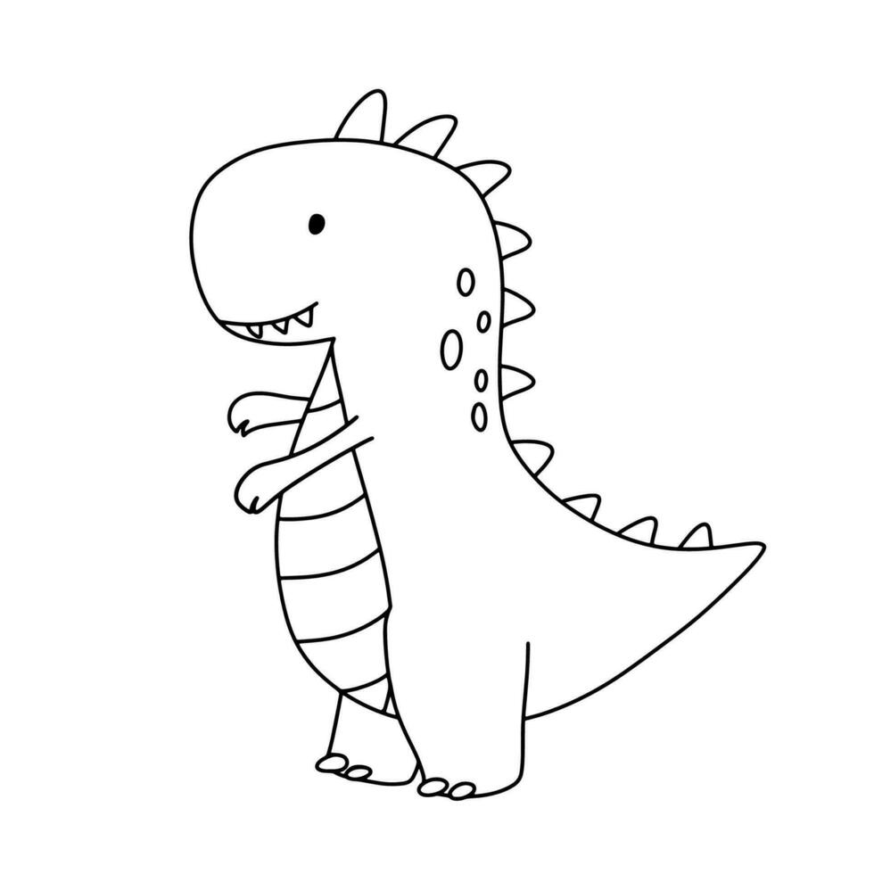 Cute little baby dinosaur t-rex. Vector outline doodle illustration isolated on white background for childish coloring book