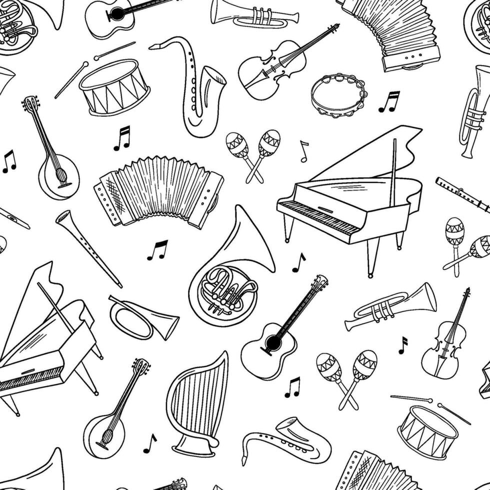 Seamless pattern with music notes and musical instruments. Vector outline monochrome endless pattern on white background