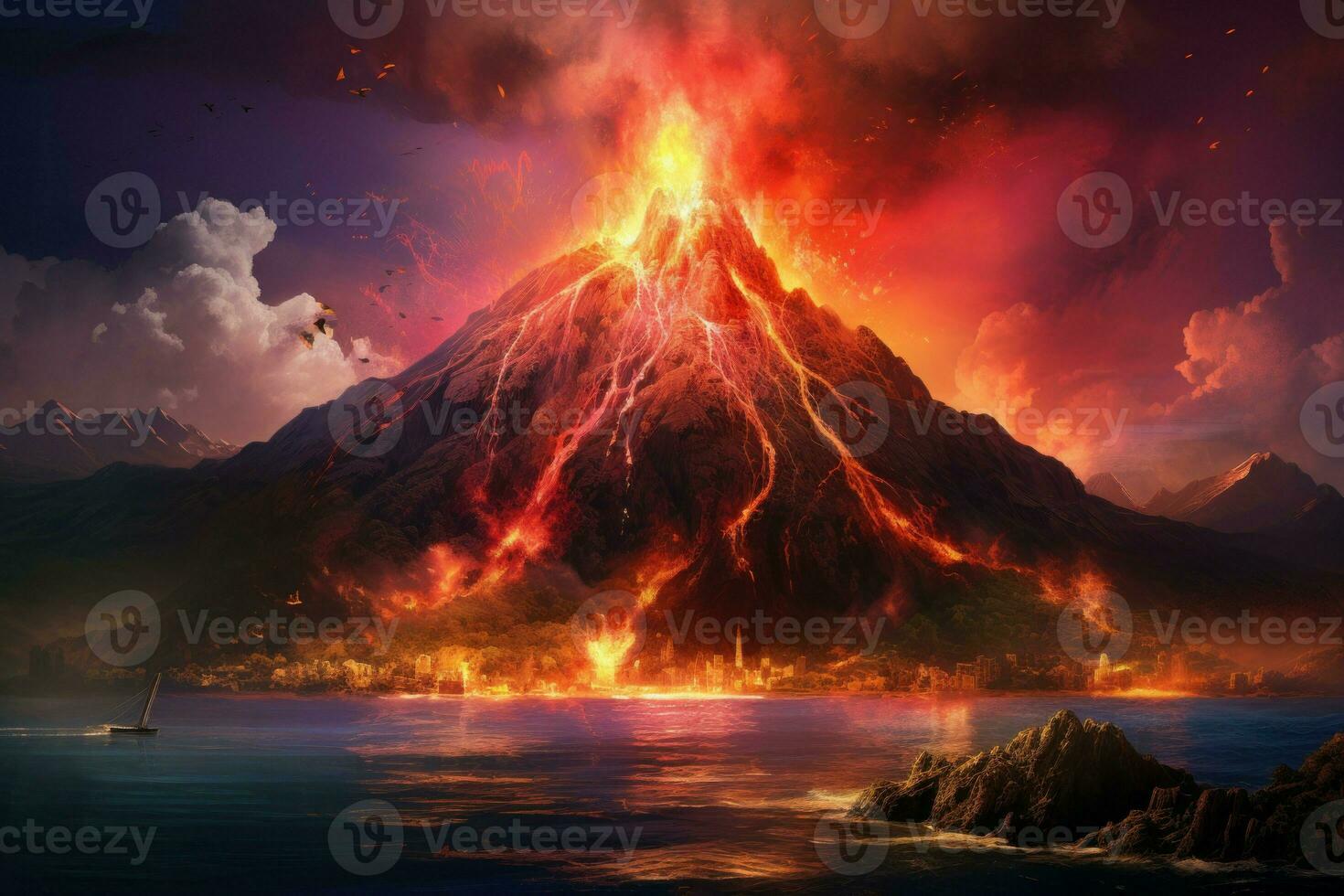 Awe-inspiring Erupting volcano top view. Generate Ai photo