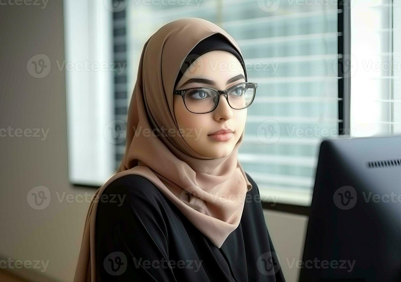 Pretty woman in sunglasses and hijab working at computer. Generate Ai photo