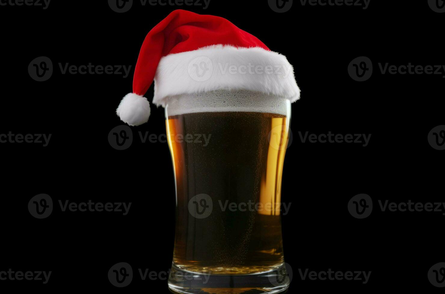 Beer mug Christmas hat on black background. Generate Ai photo
