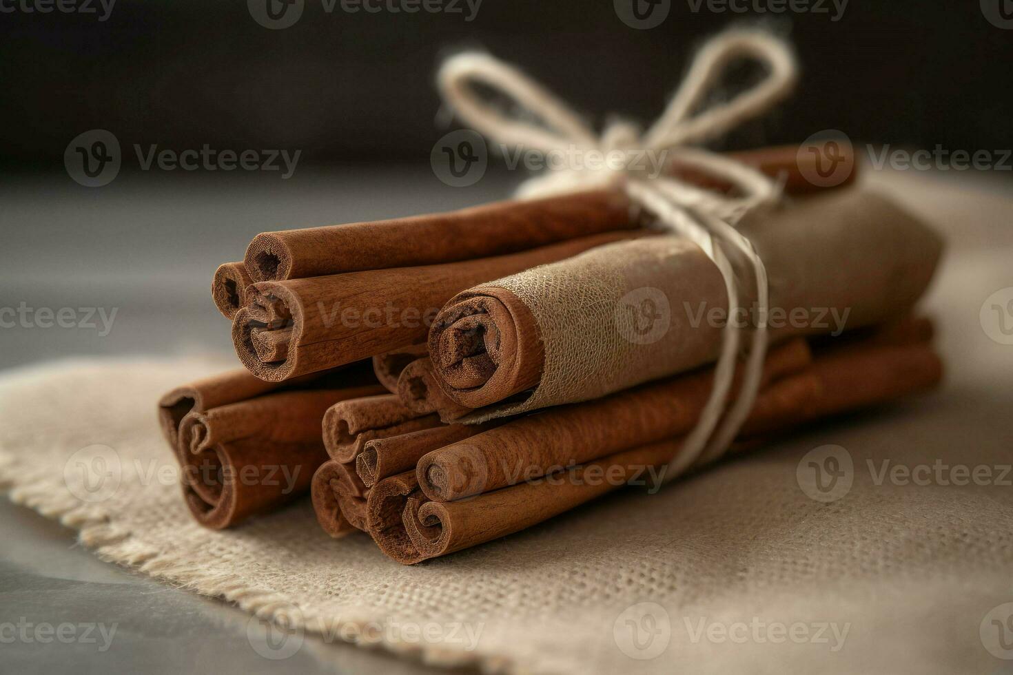 Cinnamon sticks spices handmade on textile sack. Generate Ai photo