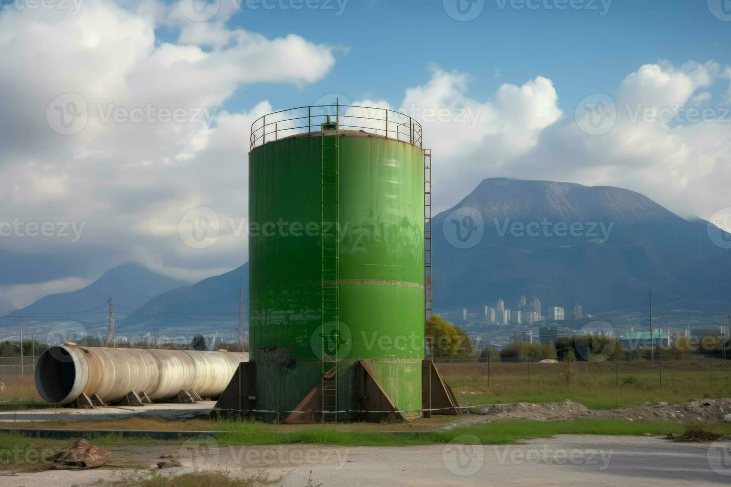 Demolition works dilapidated green gas tank. Generate Ai photo