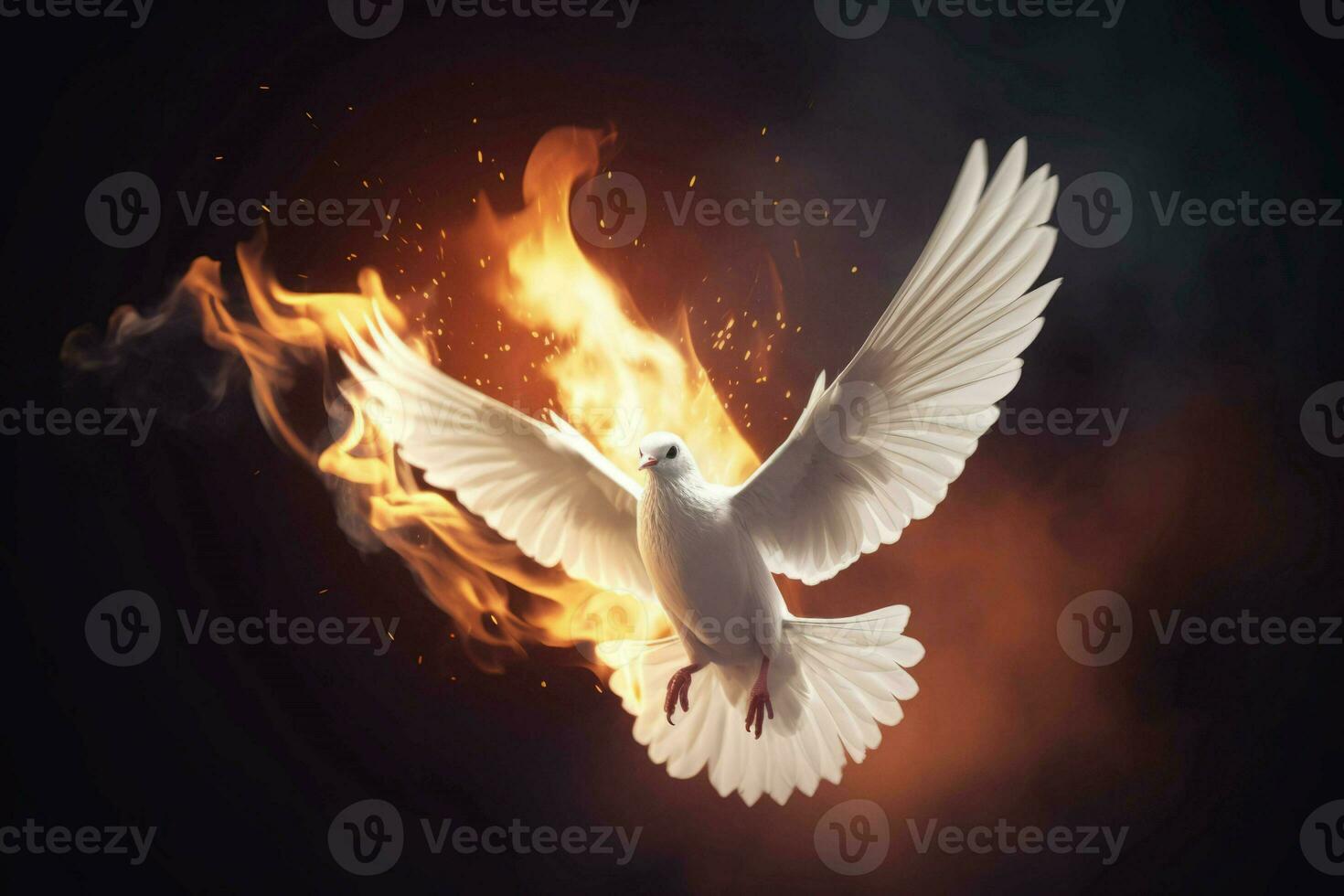 White dove flying in fire sky. Generate ai photo