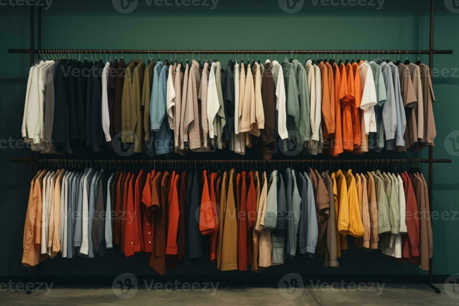 Multi colored garments hanging on coat hangers in store ai generative photo