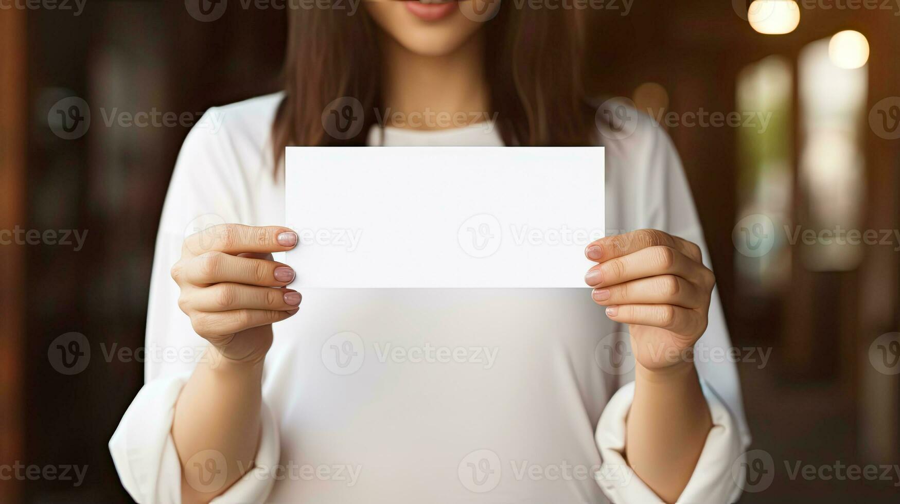 Closeup Woman holding blank business card or a ticket, invitation, coupon design for mock up AI Generated photo