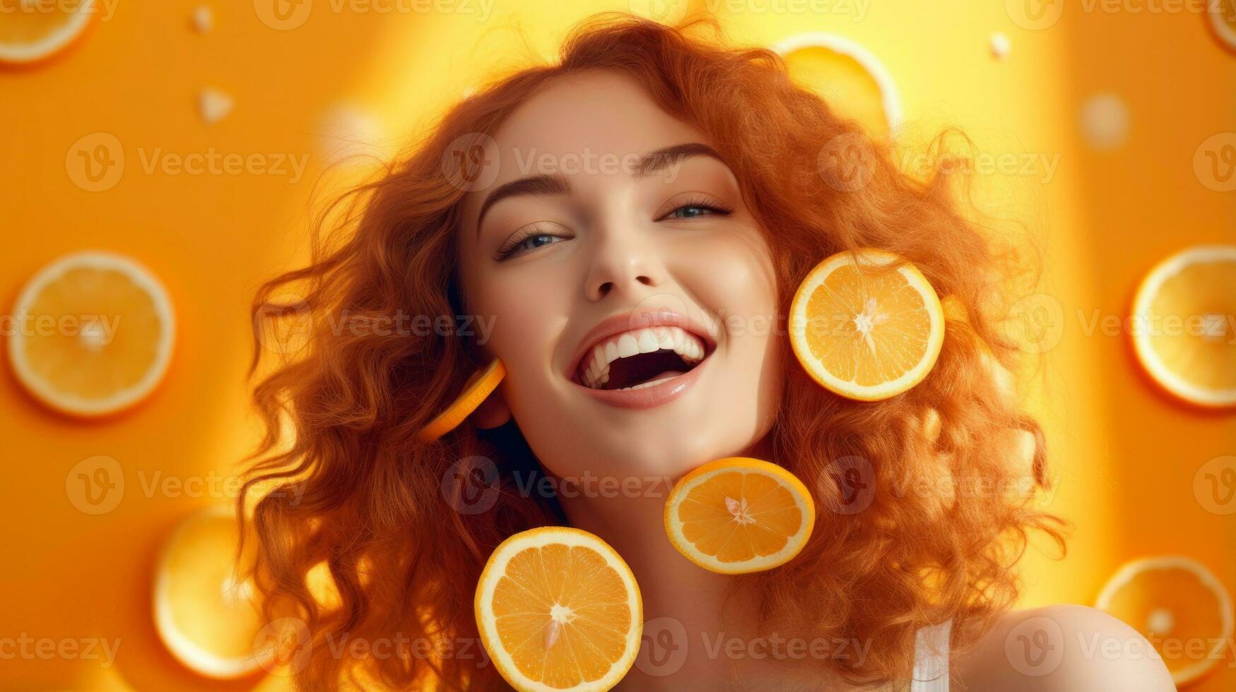 Beautiful Joyful teen model girl takes Juicy oranges slices with funny red hairstyle and professional make up AI Generated photo