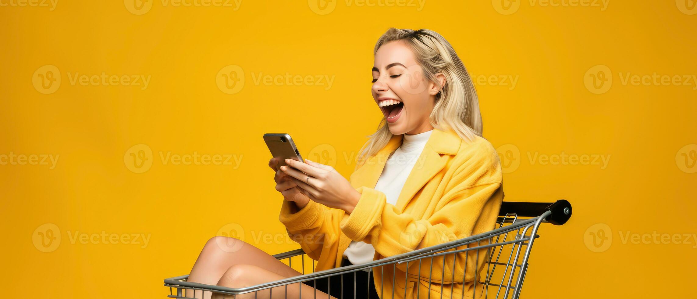 Excited woman laughing and using smartphone in shopping cart trolley on yellow background AI Generated photo