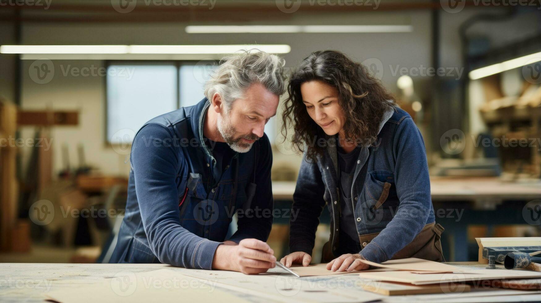 Portrait of man and woman carpenters working together in wood work workshop AI Generated photo