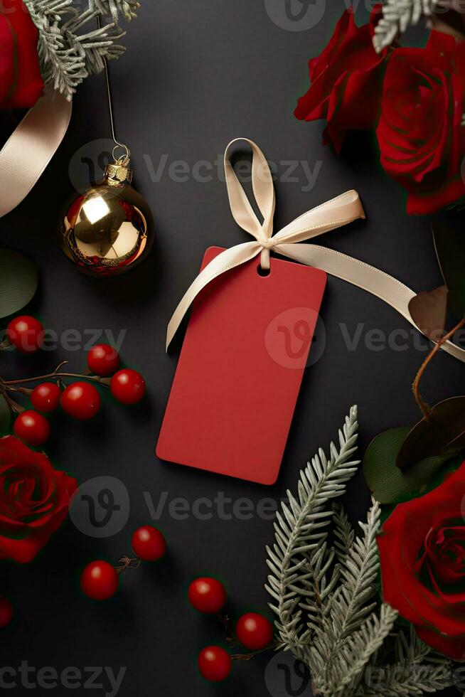 Modern gift tag for Christmas holiday mockup on grey black background AI Generated photo