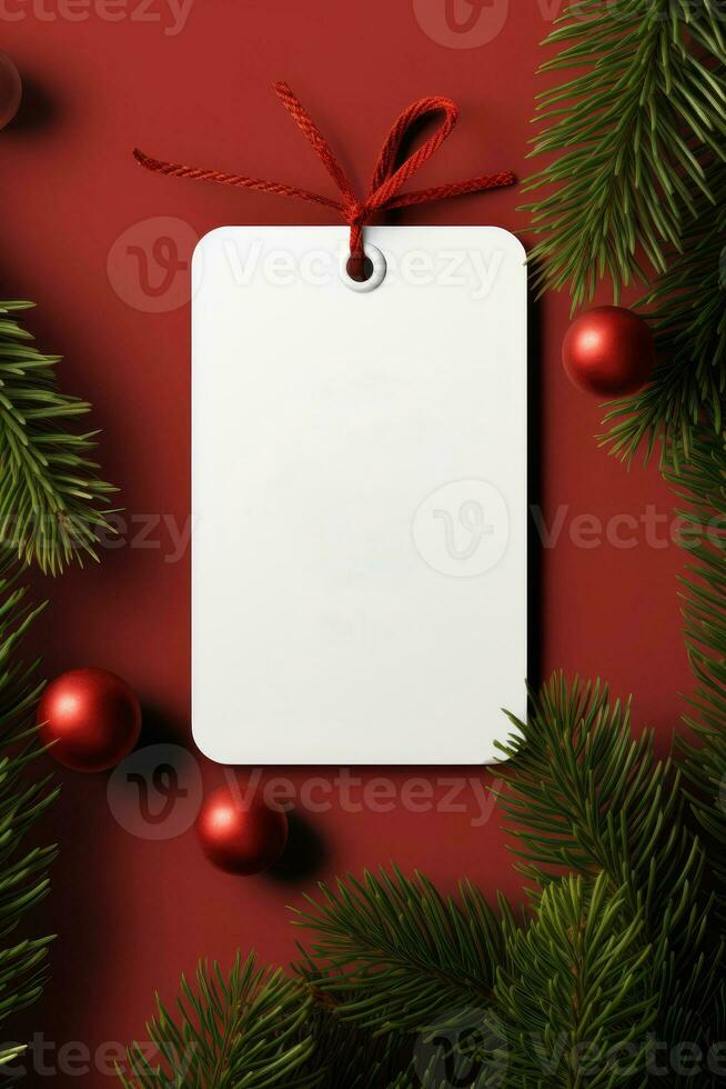 Modern Gift Tag for Christmas Holiday Mockup on red background AI Generated photo