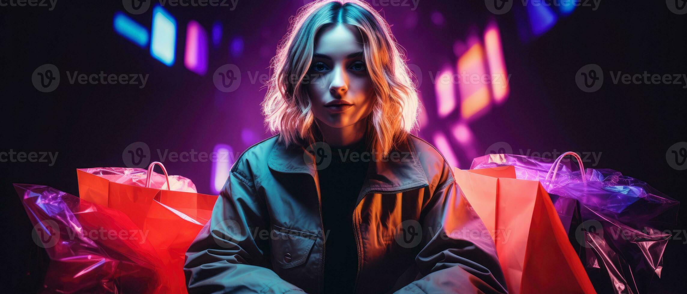 Woman in neon light cyberpunk dark background with shopping bags in black friday, cyber monday sales concept AI Generated photo