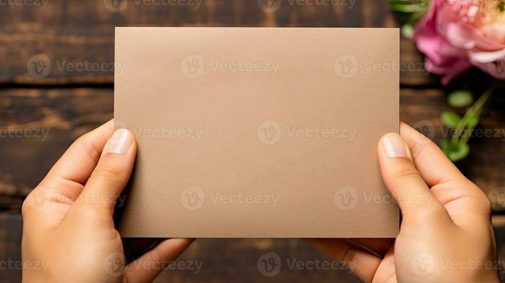 Print Mockup Card in Hands for invitation, Wedding, Card or Postcard Mockup AI Generated photo