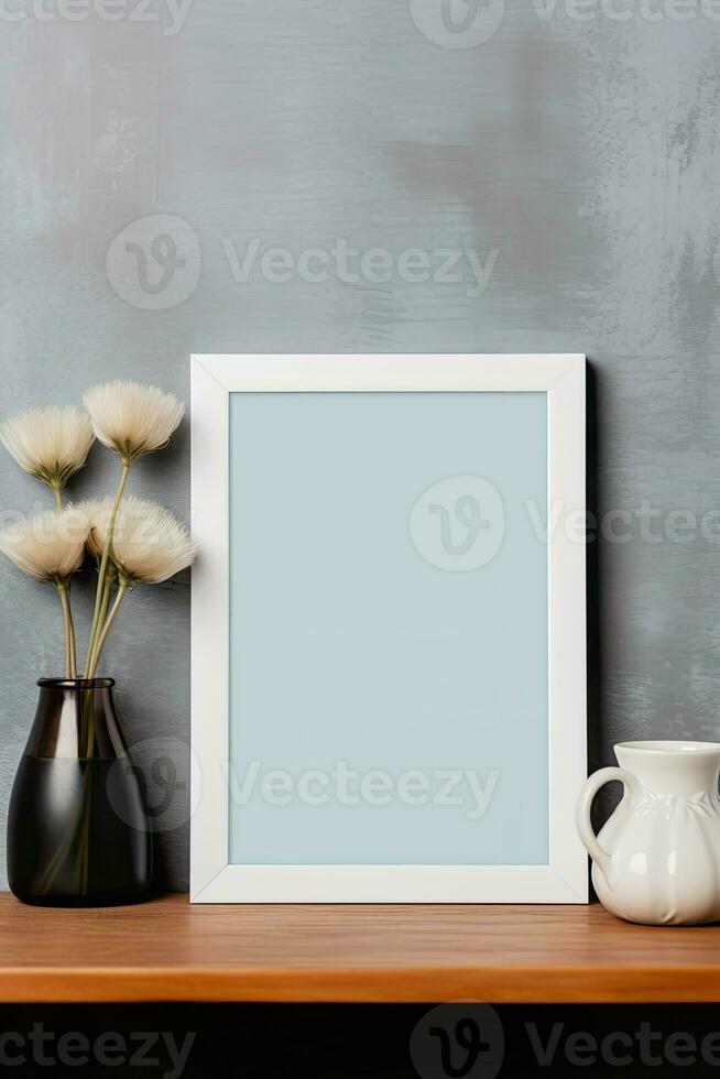 Blank vertical picture frame mockup hanging on a plain wall with wooden desk table and flower vase AI Generated photo