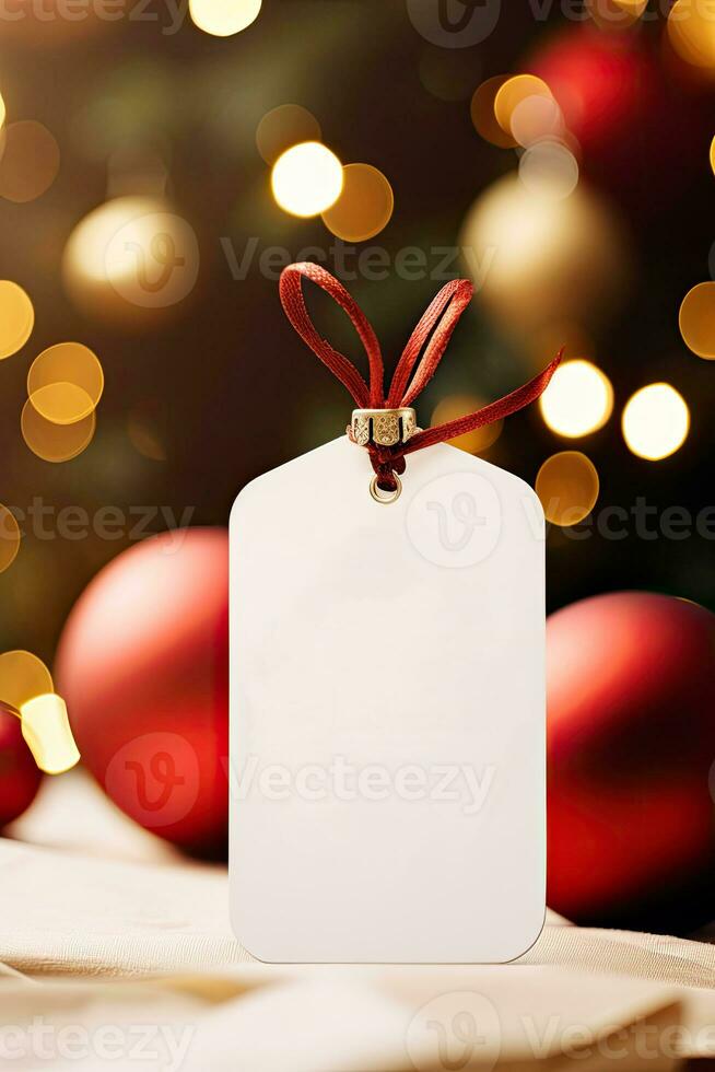 Modern Gift Tag for Christmas Holiday Mockup on blur light  background AI Generated photo