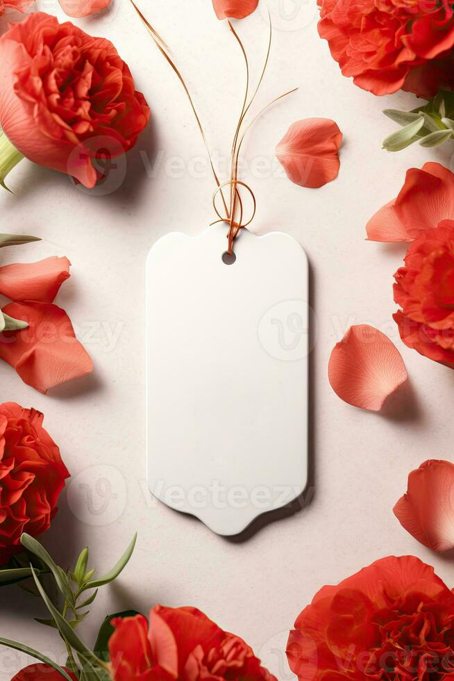 Modern blank valentine gift tag mockup with red rose leaves petals AI Generated photo