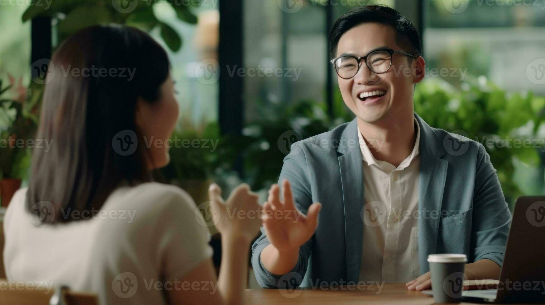 Asian businessman wearing glasses, smiling and waving at his colleague AI Generated photo
