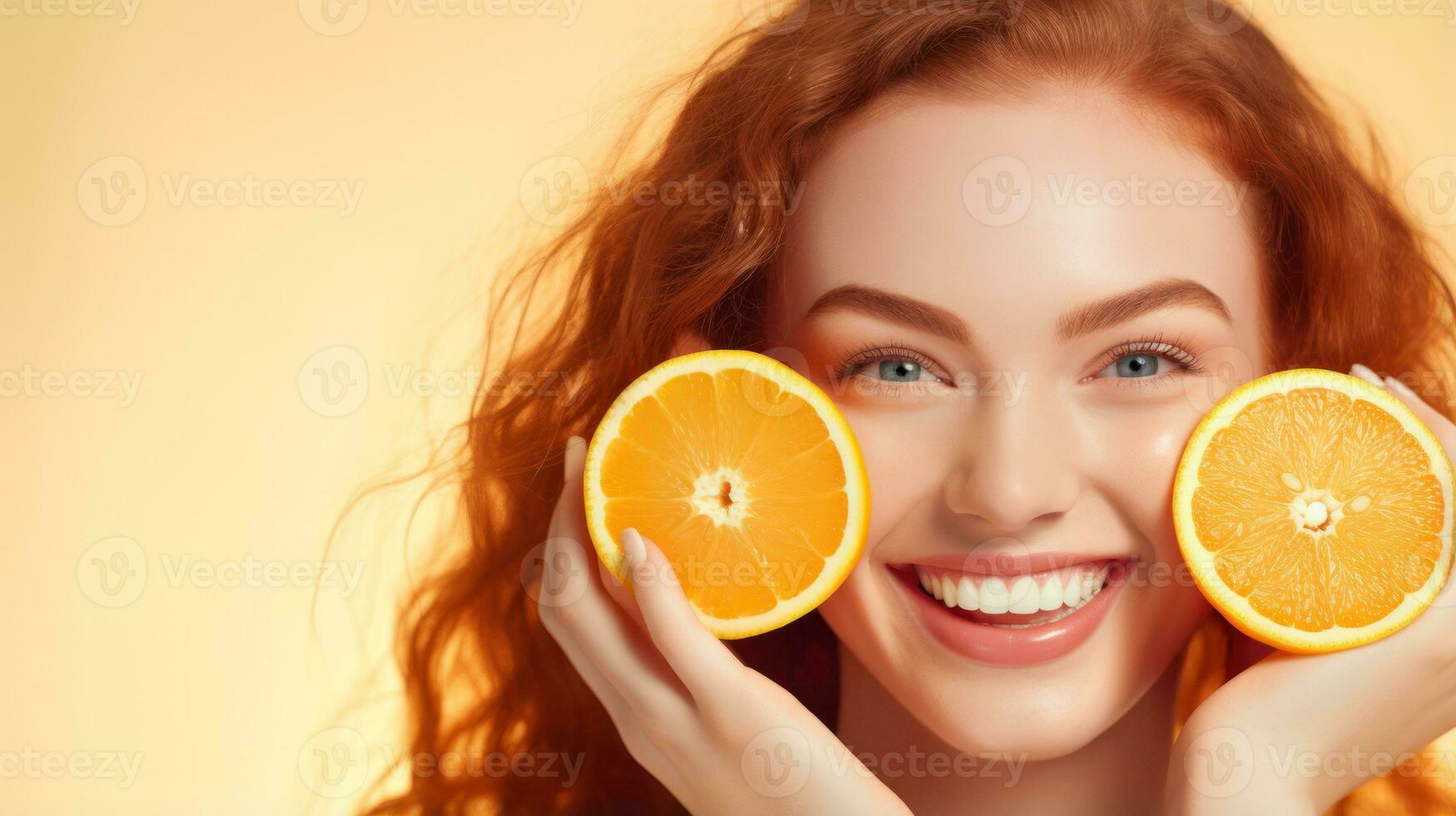 Beautiful Joyful teen model girl takes Juicy oranges slices with funny red hairstyle and professional make up AI Generated photo