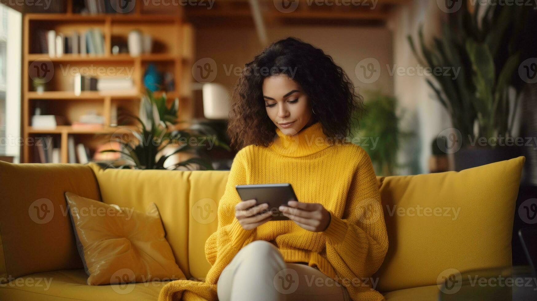 Woman wearing yellow sweater sitting on yellow sofa while shopping ecommerce AI Generated photo