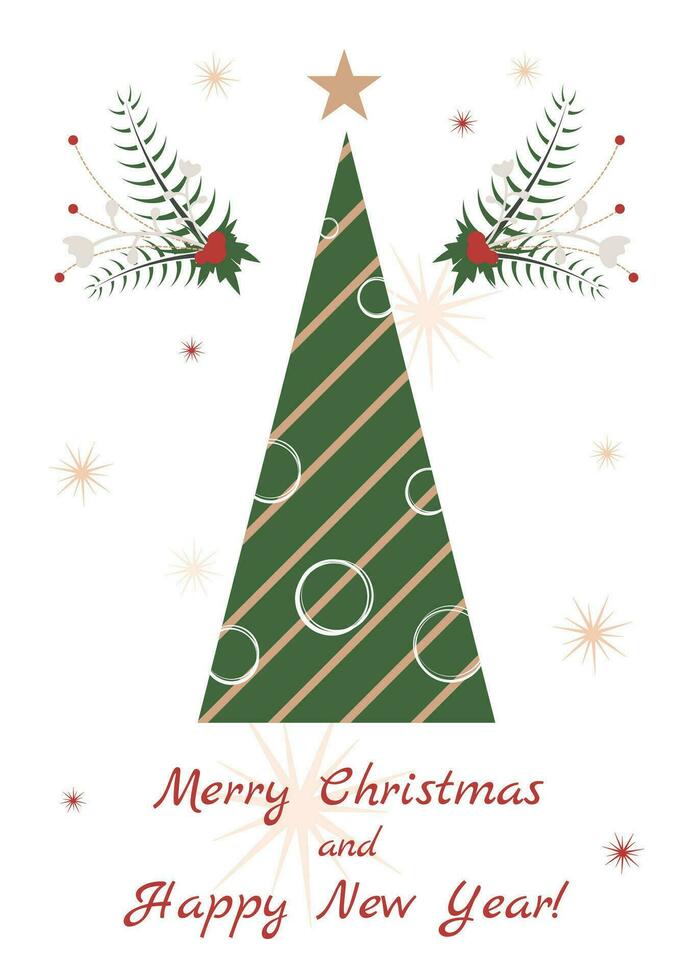 Christmas and New Year poster with stylized flat fir tree, mistletoe garland, snowflakes and text greeting. Vector illustration, invitation, decorative postcard.