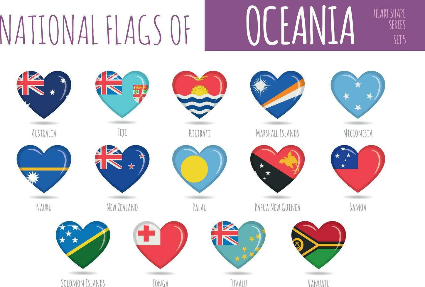 Set of 14 heart shaped flags of the countries of Oceania. Icon set Vector Illustration.
