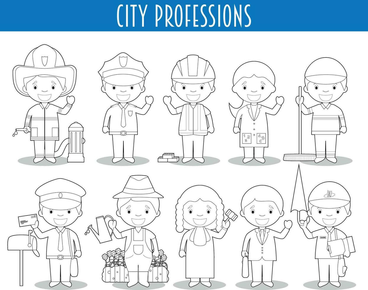 Vector Set of City Professions for coloring in cartoon style.