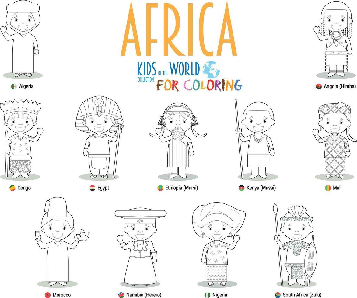 Kids and nationalities of Africa. Vector Set of 11 characters for coloring dressed in different national costumes.